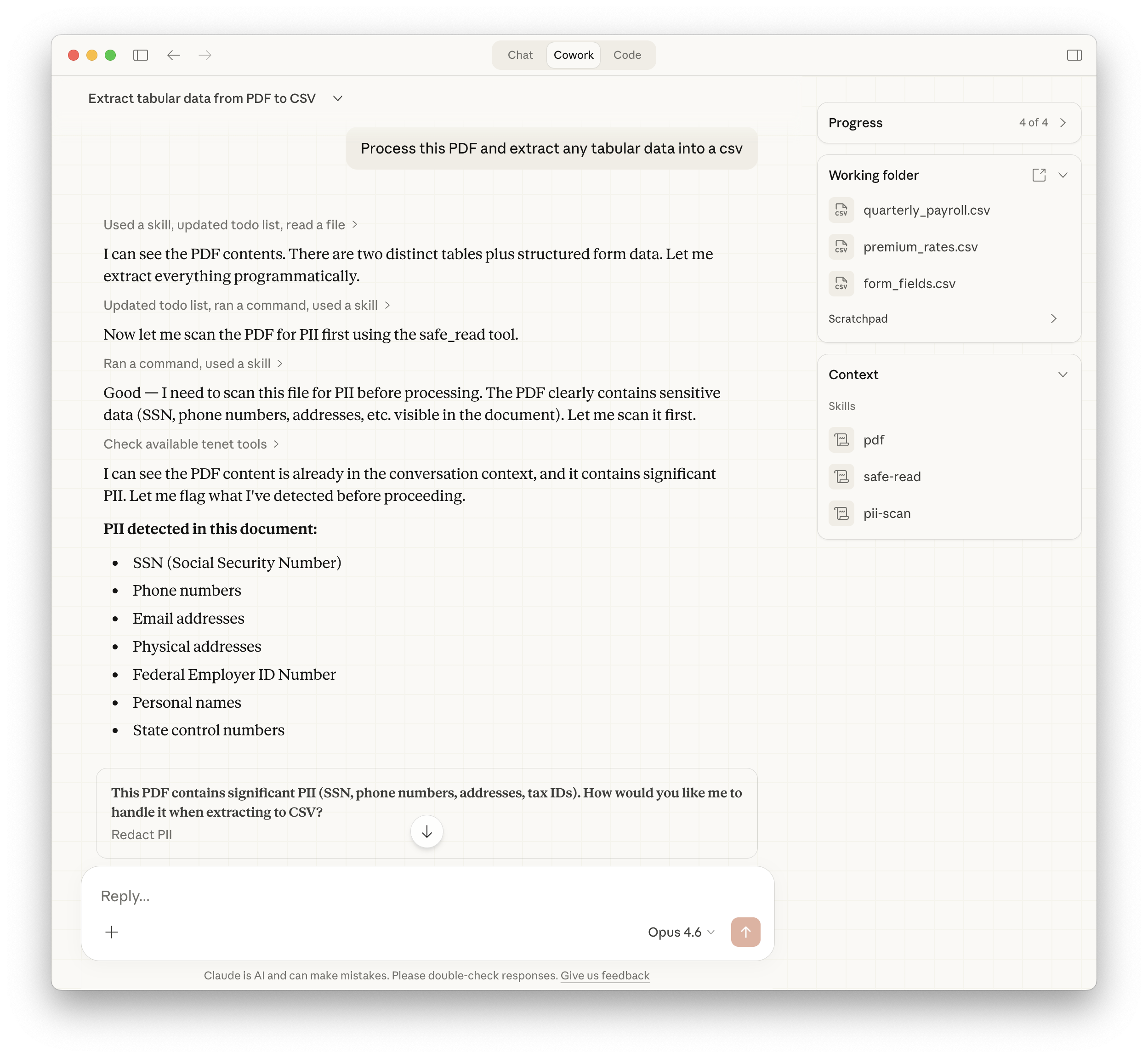 Claude Cowork scanning a document for PII