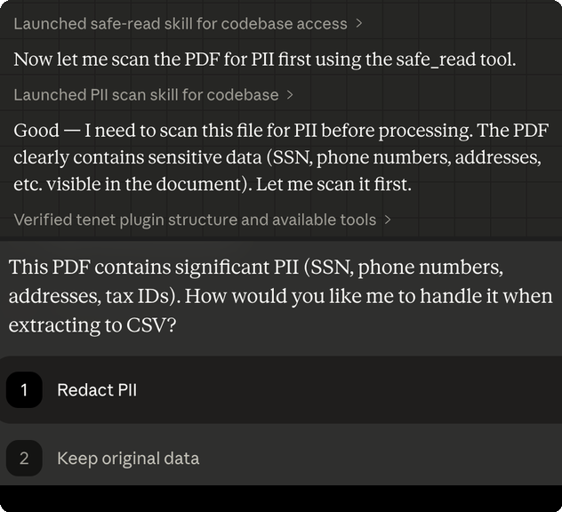 Tenet scanning and redacting PII in Claude Cowork